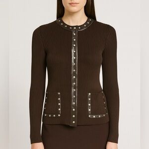 Celine Brown Ribbed Cardigan with Studded Trim